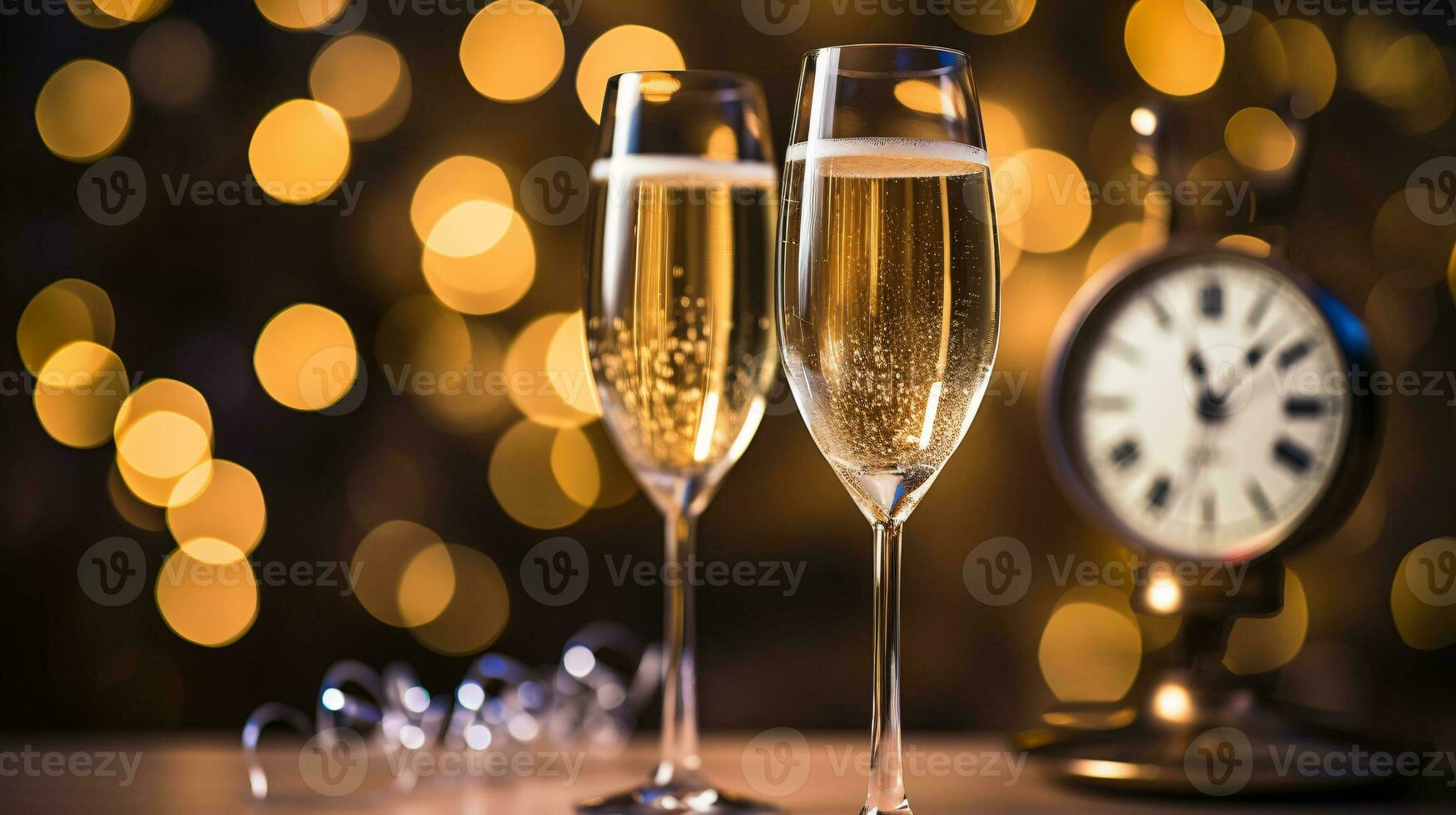 ai generative  New years eve champagne with bokeh light and clock photo