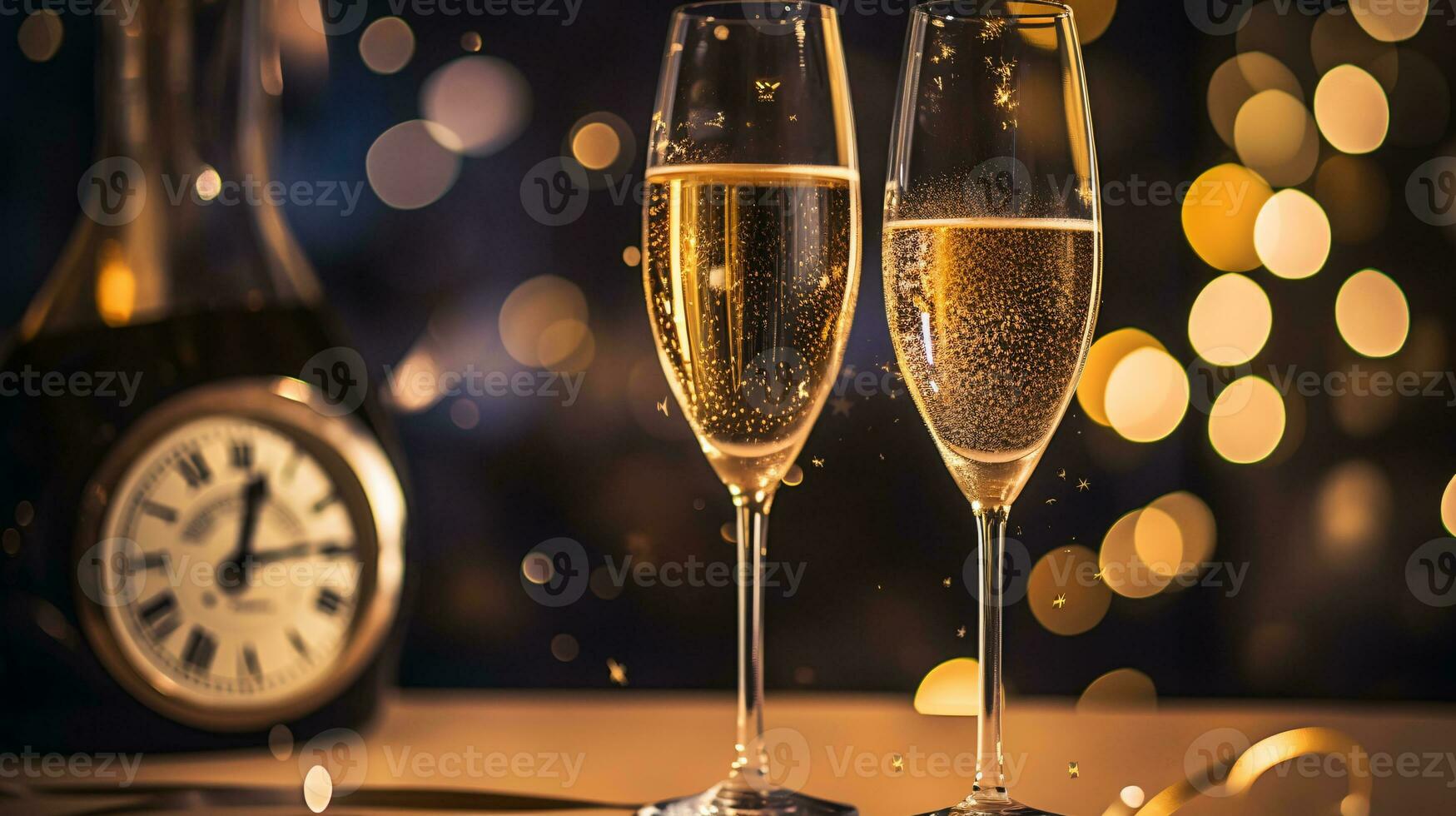 ai generative  New years eve champagne with bokeh light and clock photo