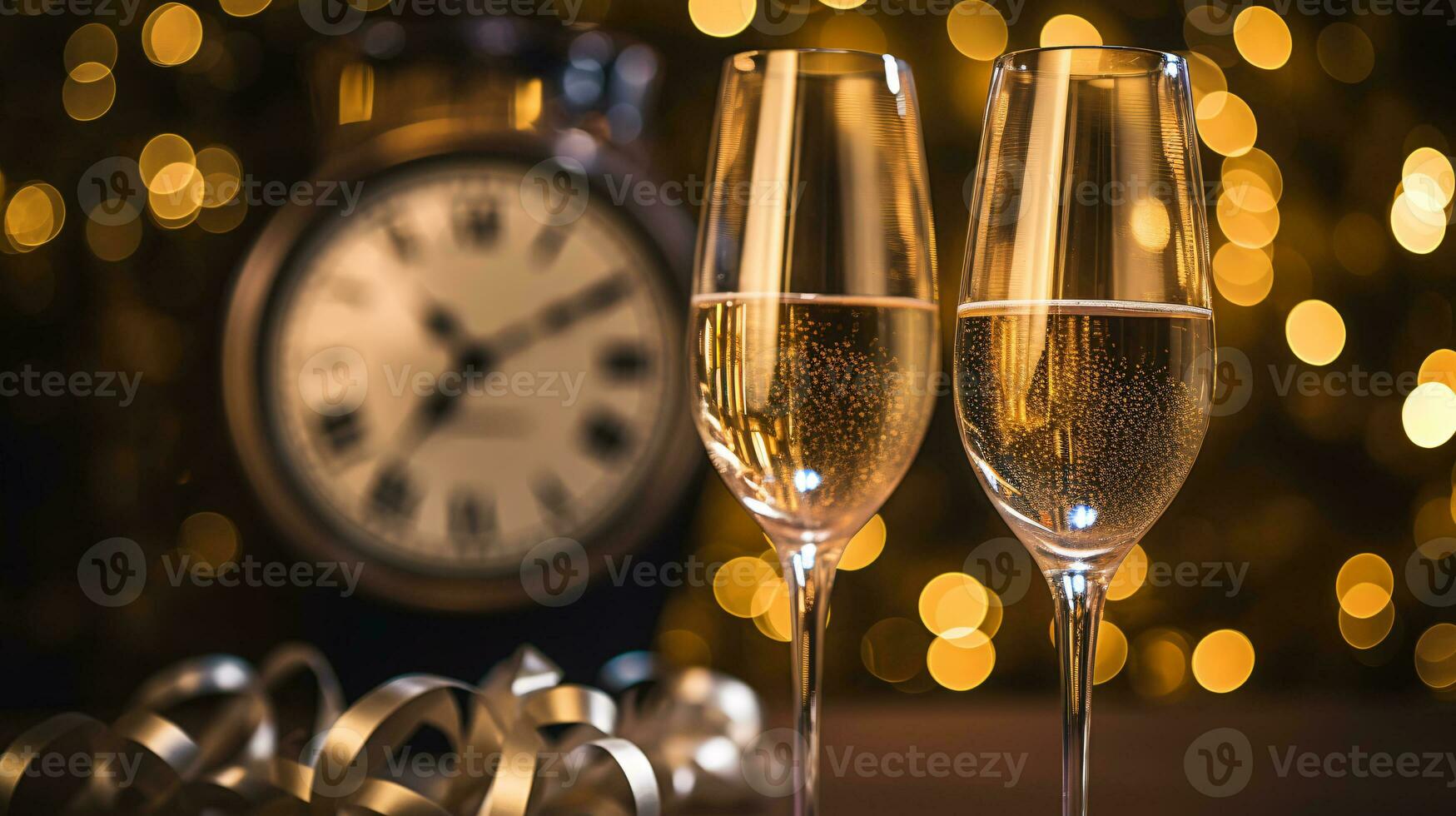 ai generative  New years eve champagne with bokeh light and clock photo