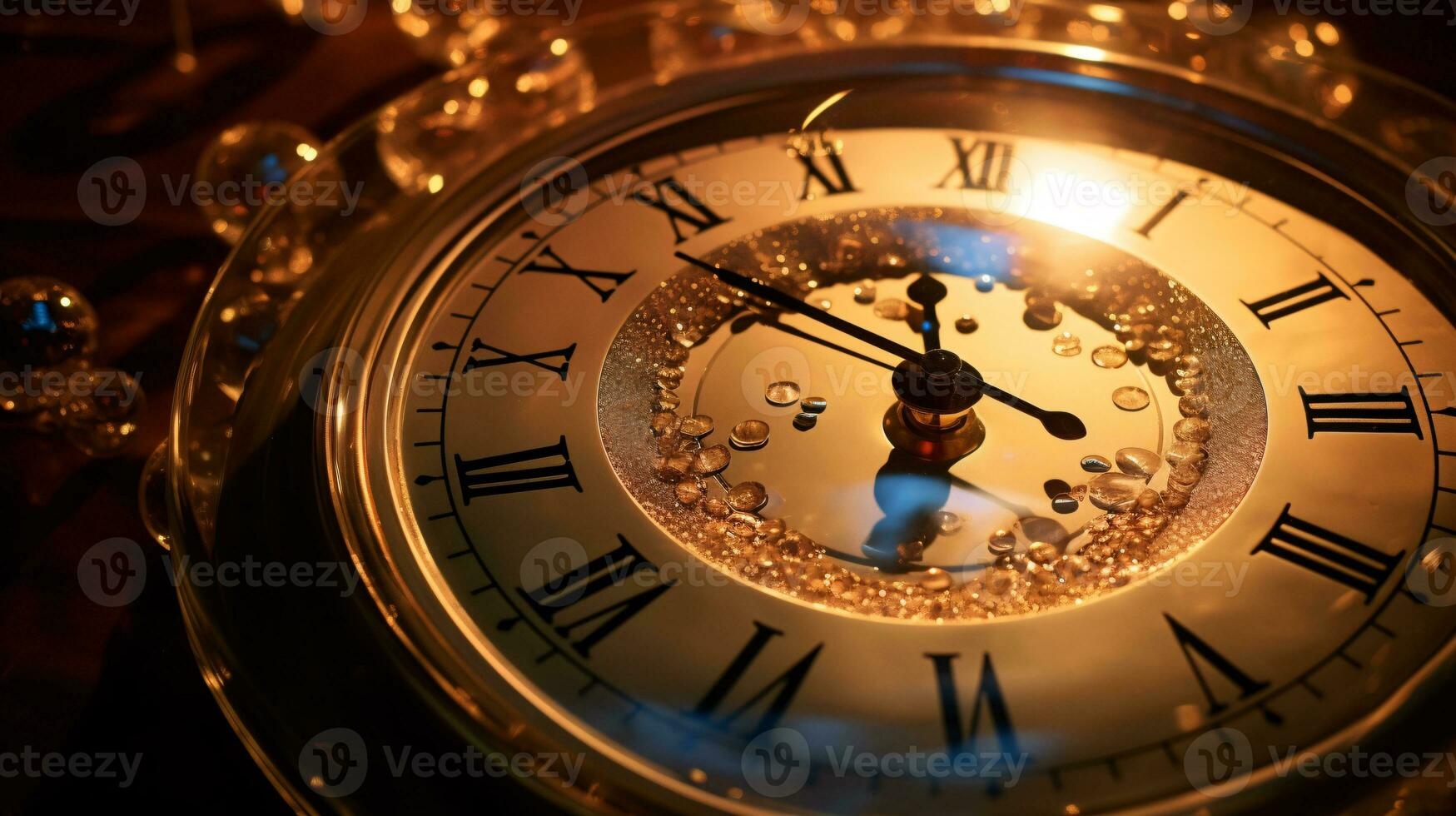 ai generative  New years eve champagne with bokeh light and clock photo