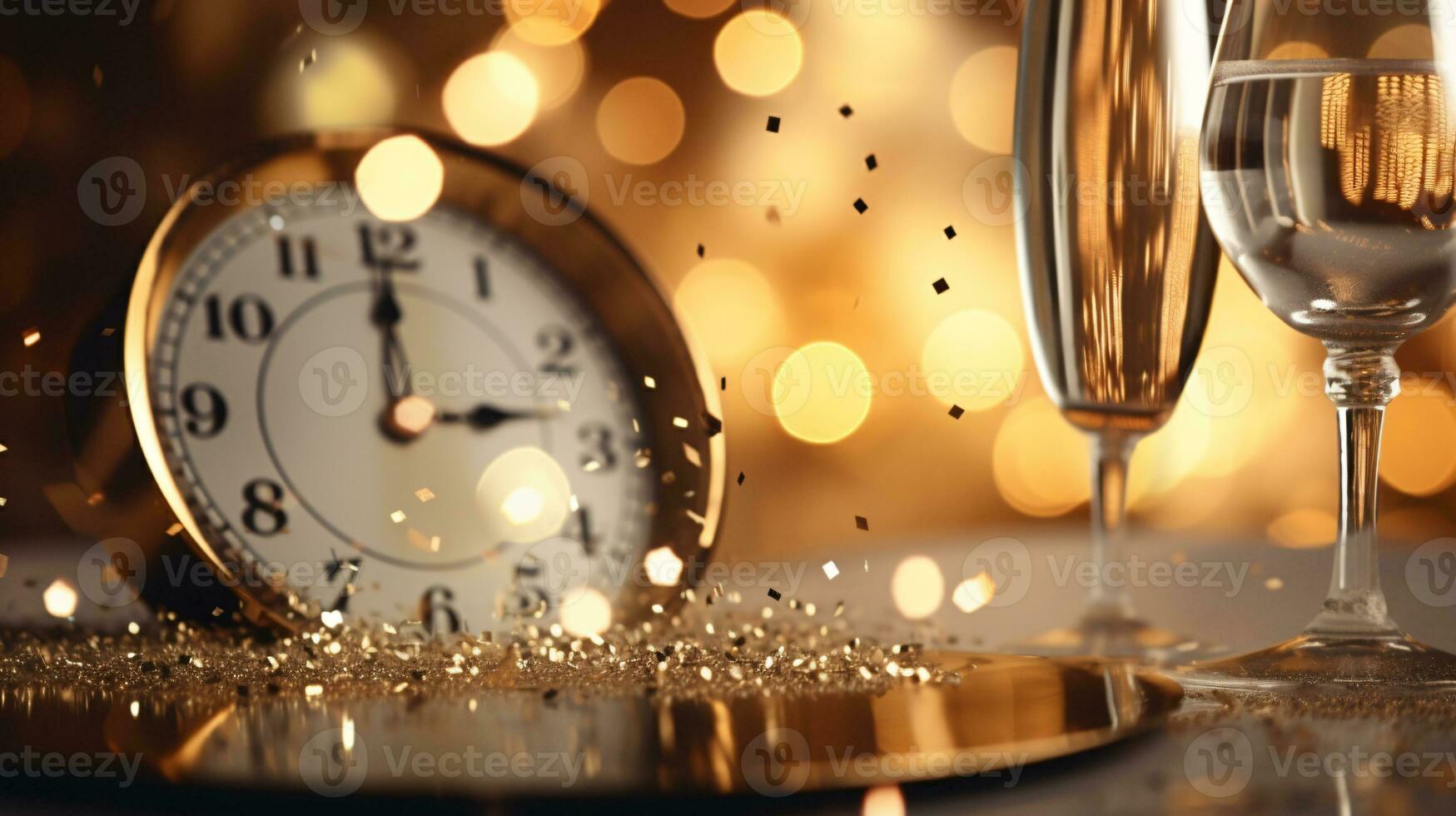 ai generativo nuevo años víspera champán con bokeh ligero y reloj foto