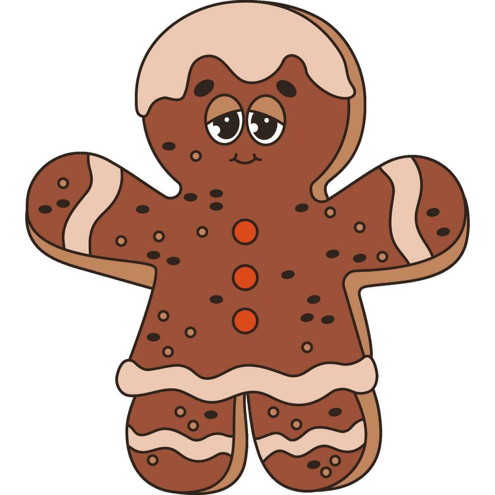 Christmas gingerbread man girl. Funny retro cartoon character in trendy groovy style. Festive traditional baking sweet food. Merry Christmas and Happy New Year. Vector Illustration