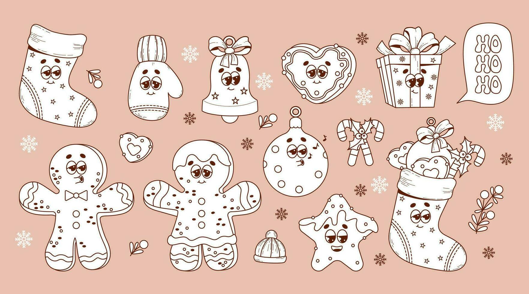 Christmas retro cartoon characters. Gingerbread man, Xmas sock, glove, ball, bell, gift and more. 60 -70s vibes sticker set in trendy groovy hippie style. outline linear drawing. vector