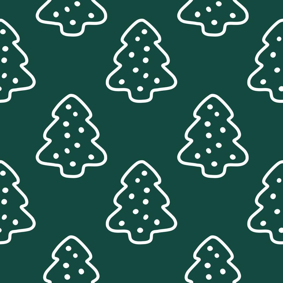 Fir tree cute doodle background. Dark green christmas winter seamless pattern for paper, fabric, decoration. Vector illustration