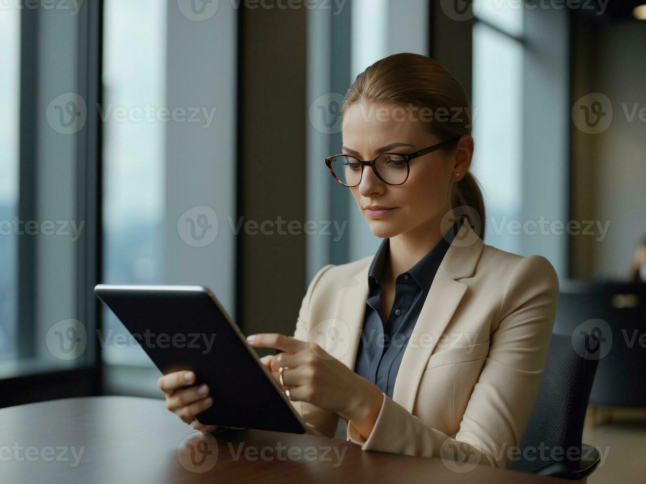 Businesswoman using tablet computer in board room.AI Generative photo