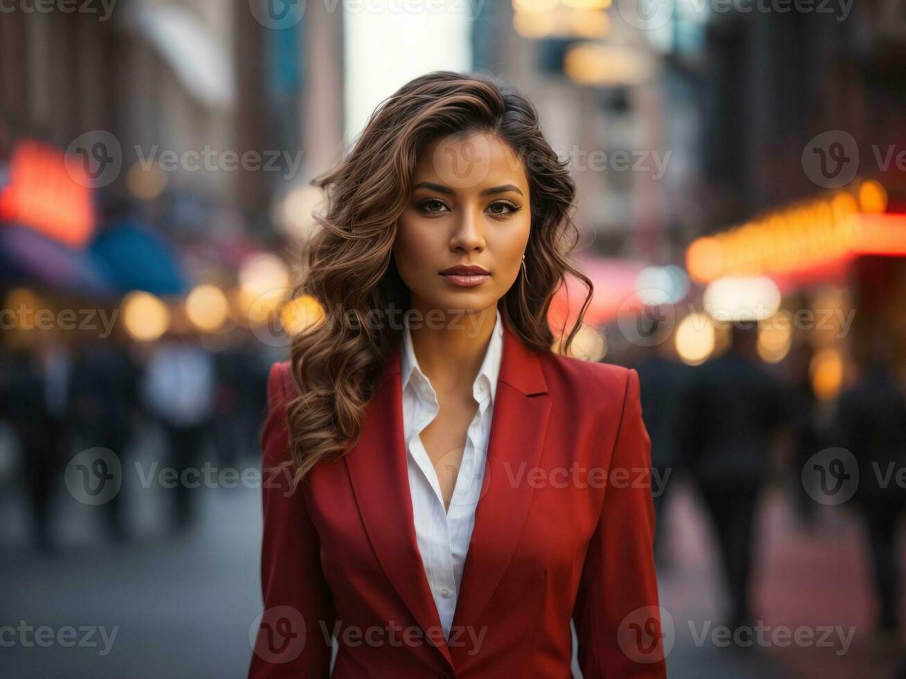 young business women in red suit standing in city. Generative AI photo