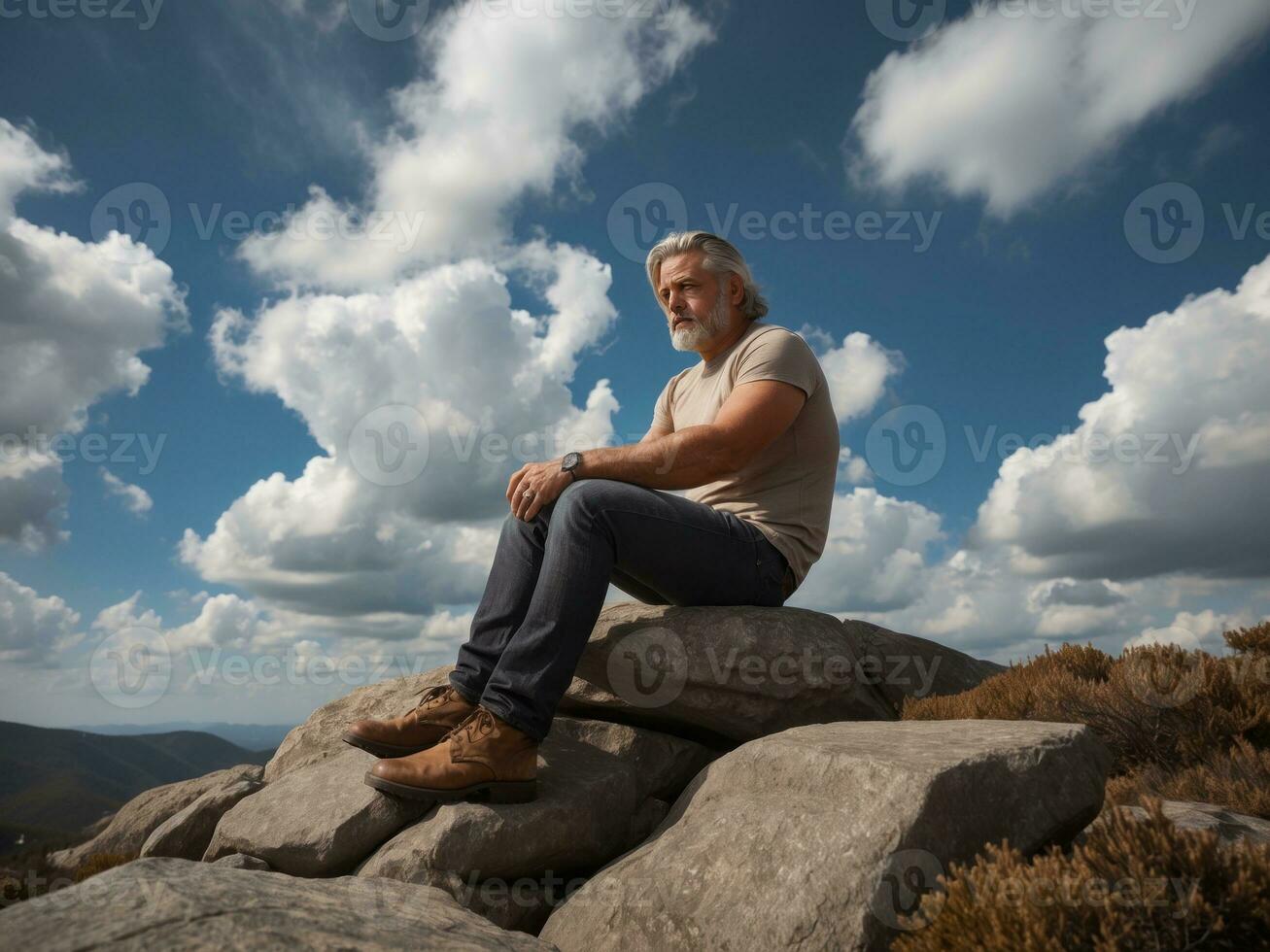 man sitting on big rock against blue sky.AI Generative photo