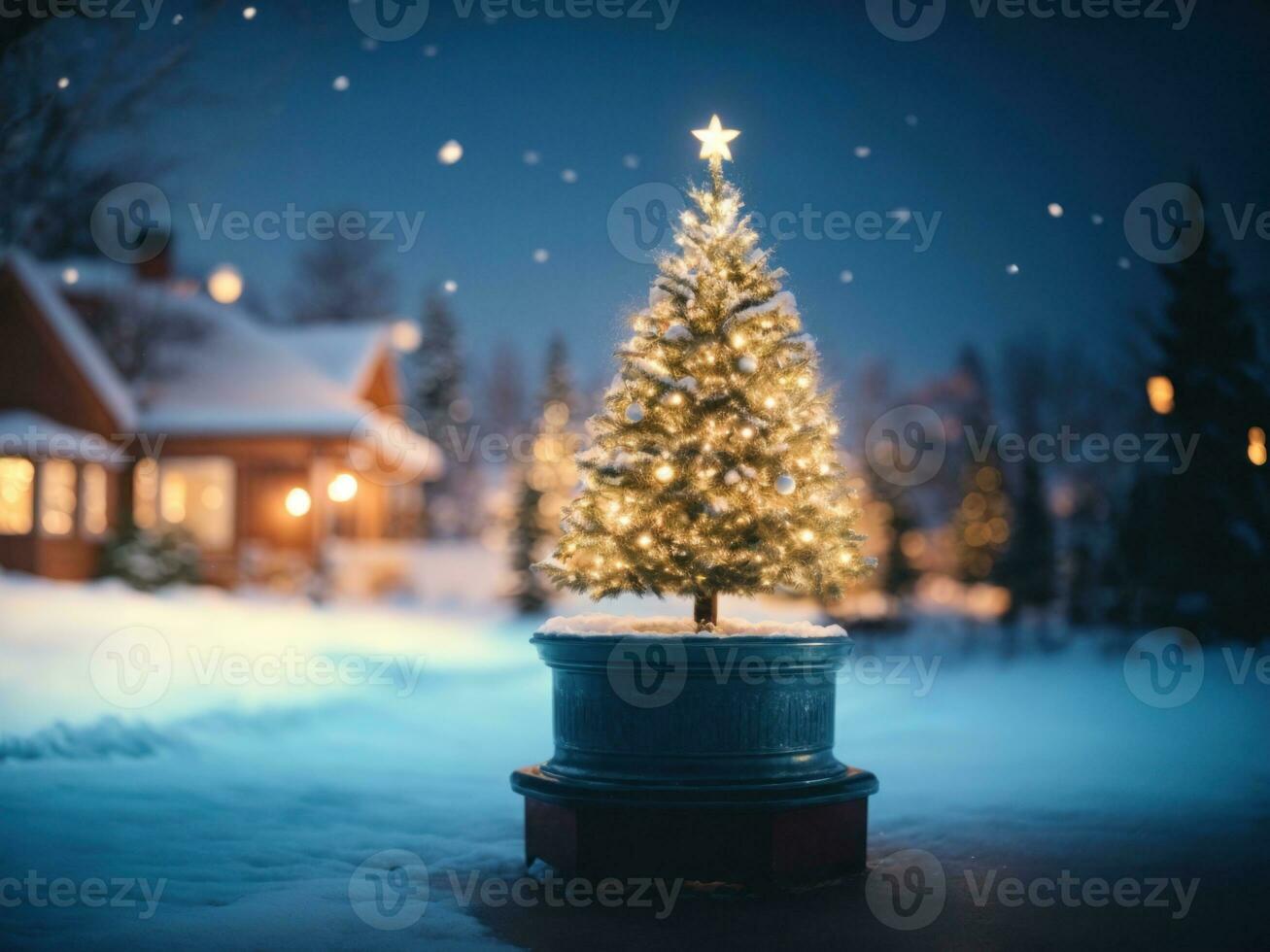 glowing christmas tree in winter night. AI Generative photo