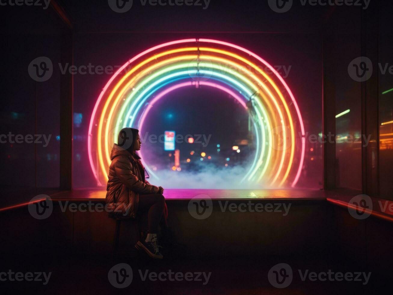 round glowing neon light and fog background. AI Generative photo