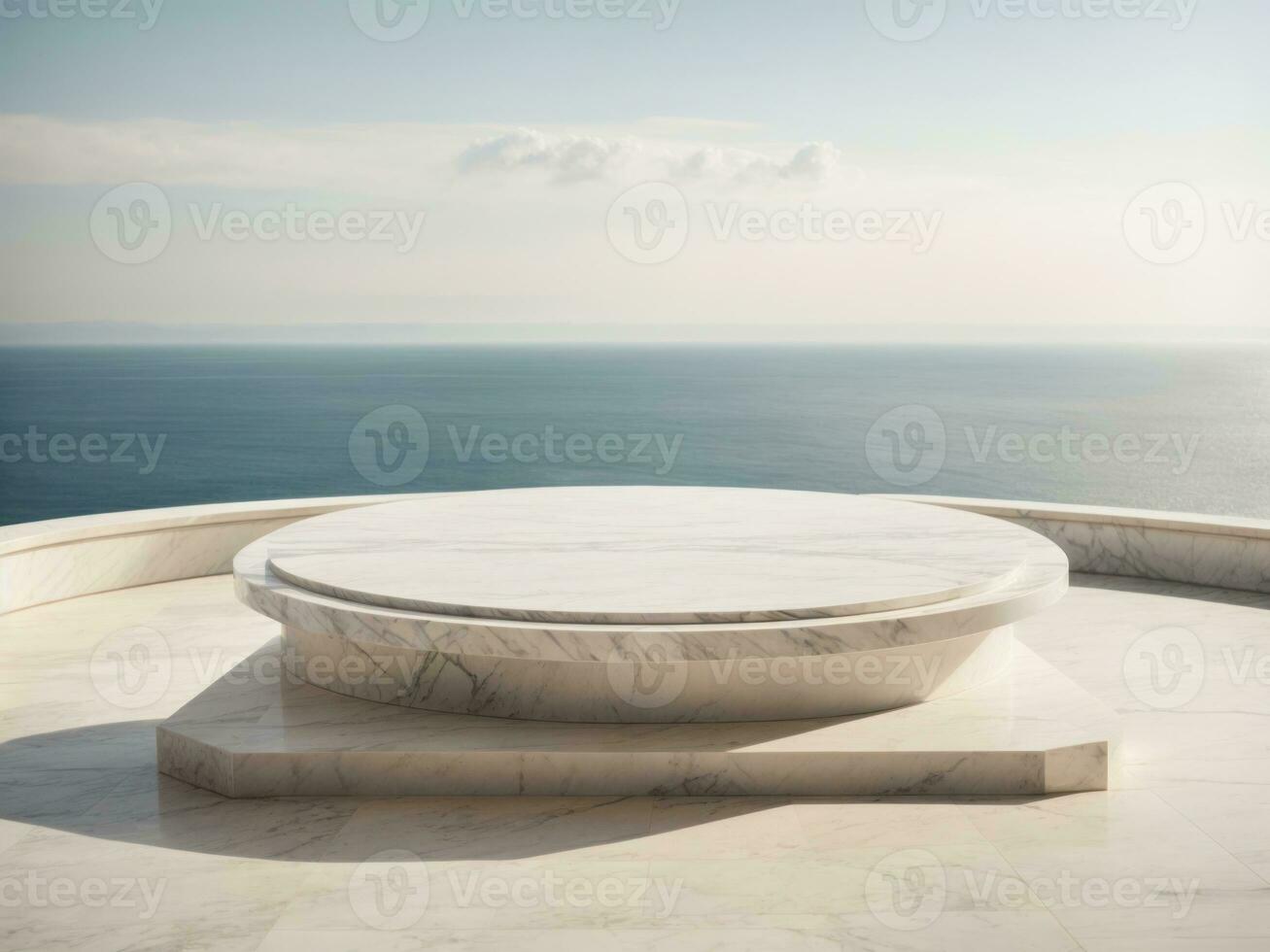 White marble podium with sea view on background Generative ai photo