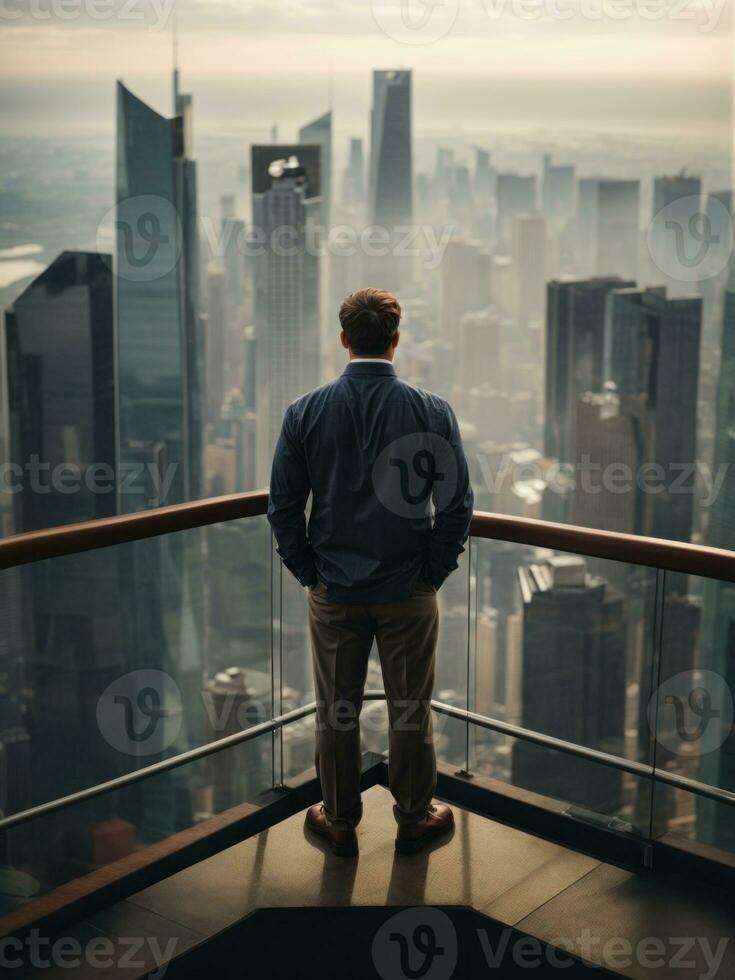 A professional trader stands at top of skyscraper. Generative AI photo