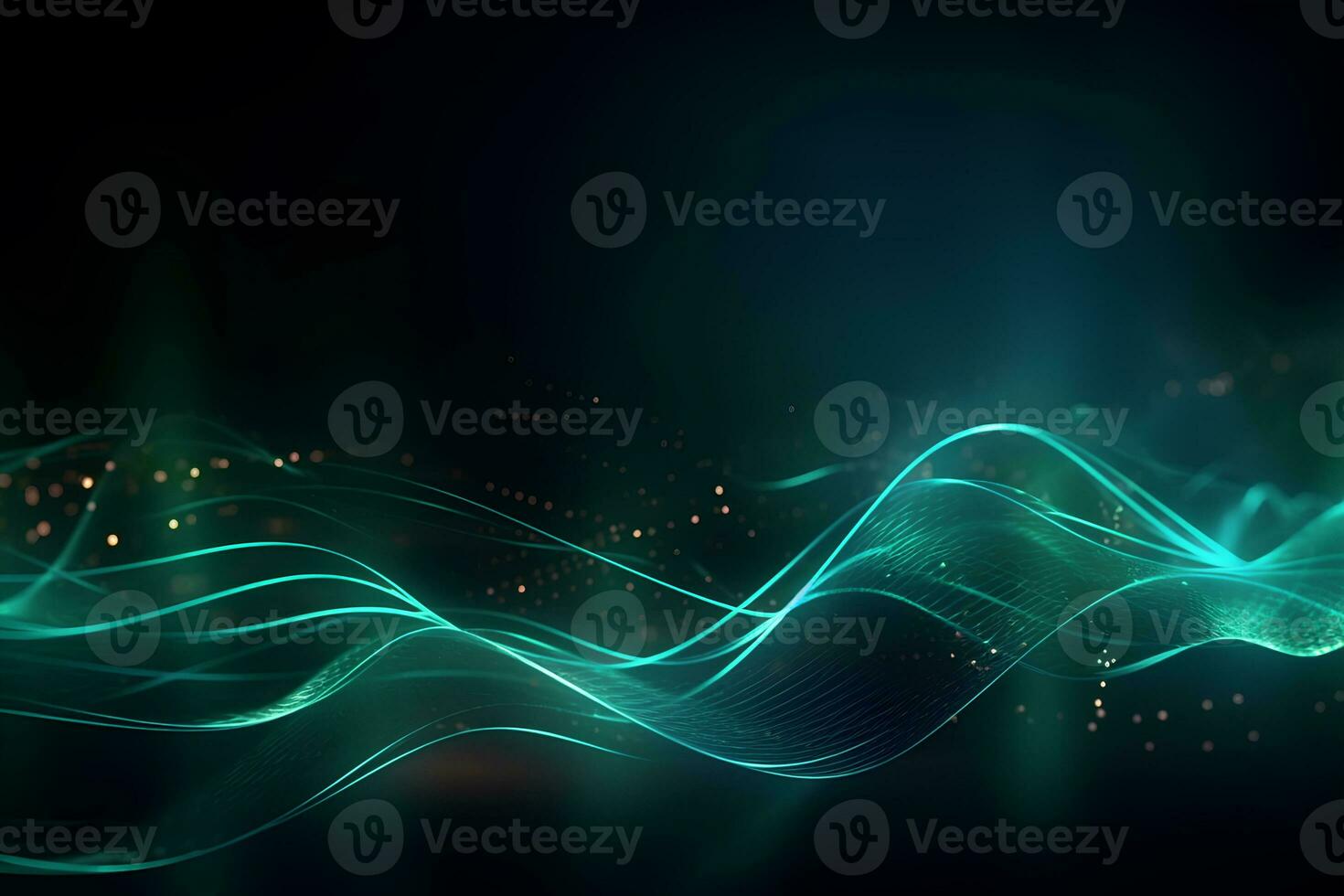 Abstract futuristic background with green and yellow neon lines. The musical wave. AI generated illustration. photo
