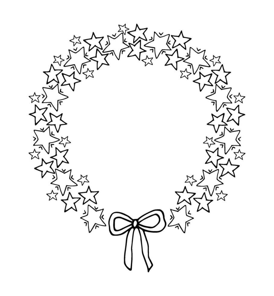 Wreath, frame of stars and bow. Decoration for holiday decoration. New Year,Christmas.Simple doodle style graphics.Hand-drawn illustration. vector