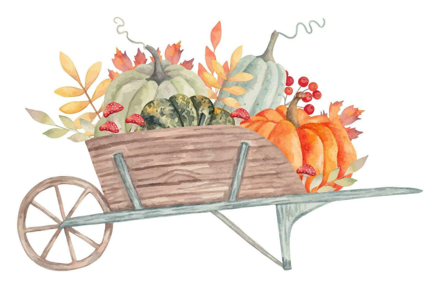 Wooden garden wheelbarrow with different pumpkins and leaves, mushrooms. Autumn botanical arrangement for seasonal holidays and Thanksgiving. Harvest concept. Watercolor hand drawn isolated art vector