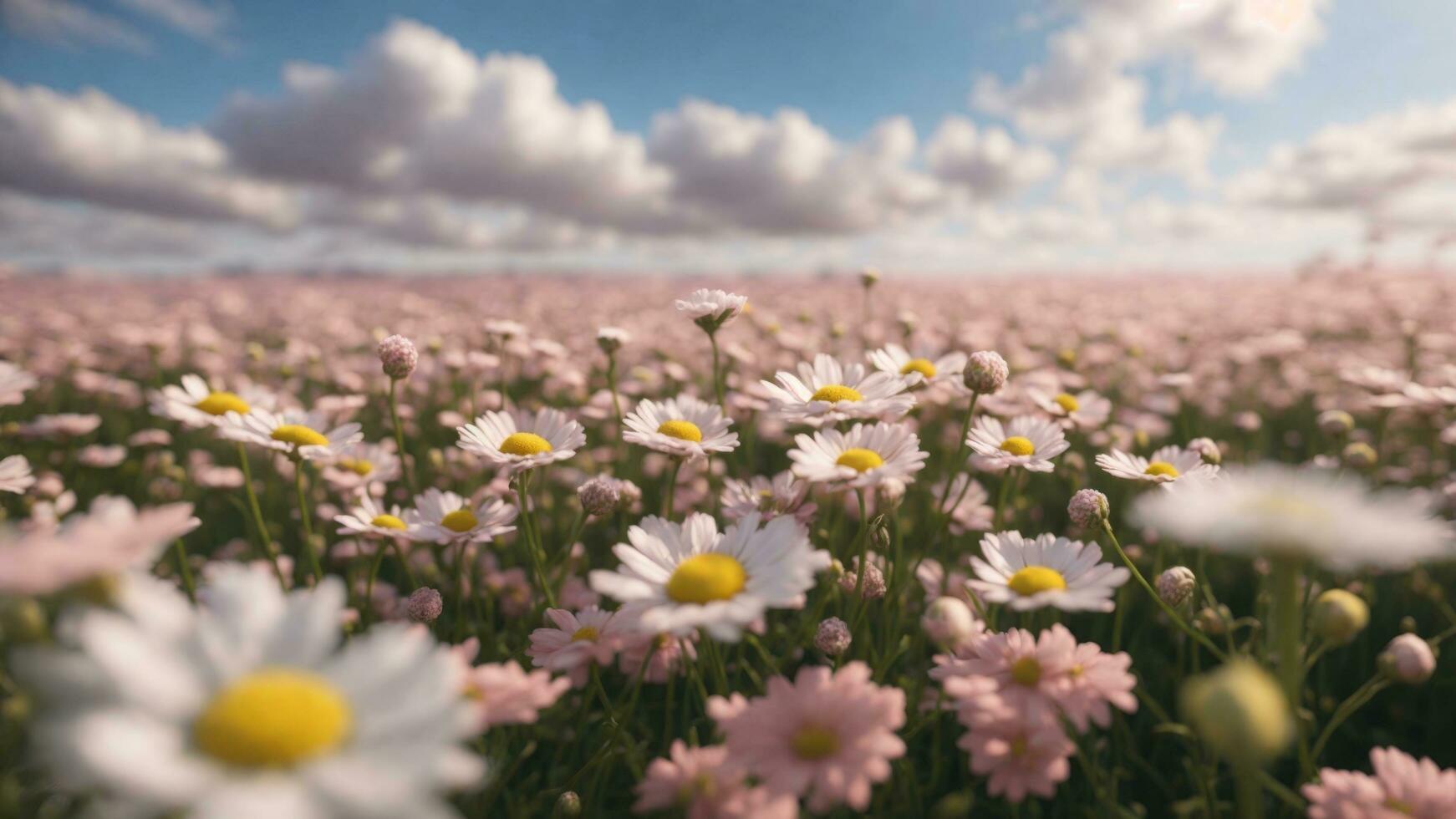 AI Generative. Pink and white Chamomile field in twilight sky photo