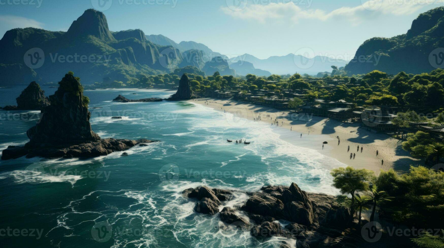 an aerial photograph with the camera pointing straight down at the Phi-phi beach. AI Generative photo