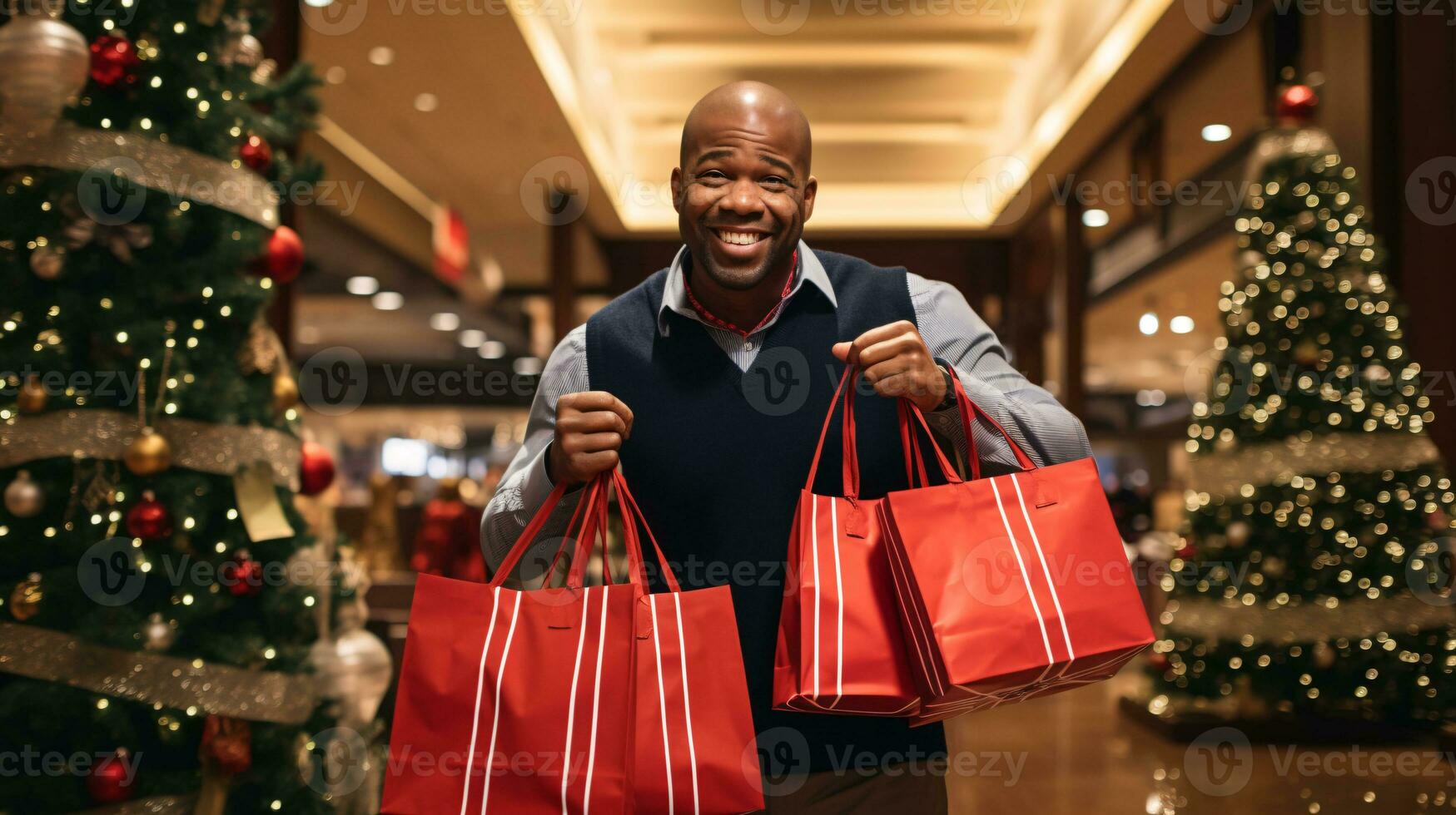 ai generative  People of different ethnicity, age and gender holding christmas shopping gift bags in mall all over the world photo