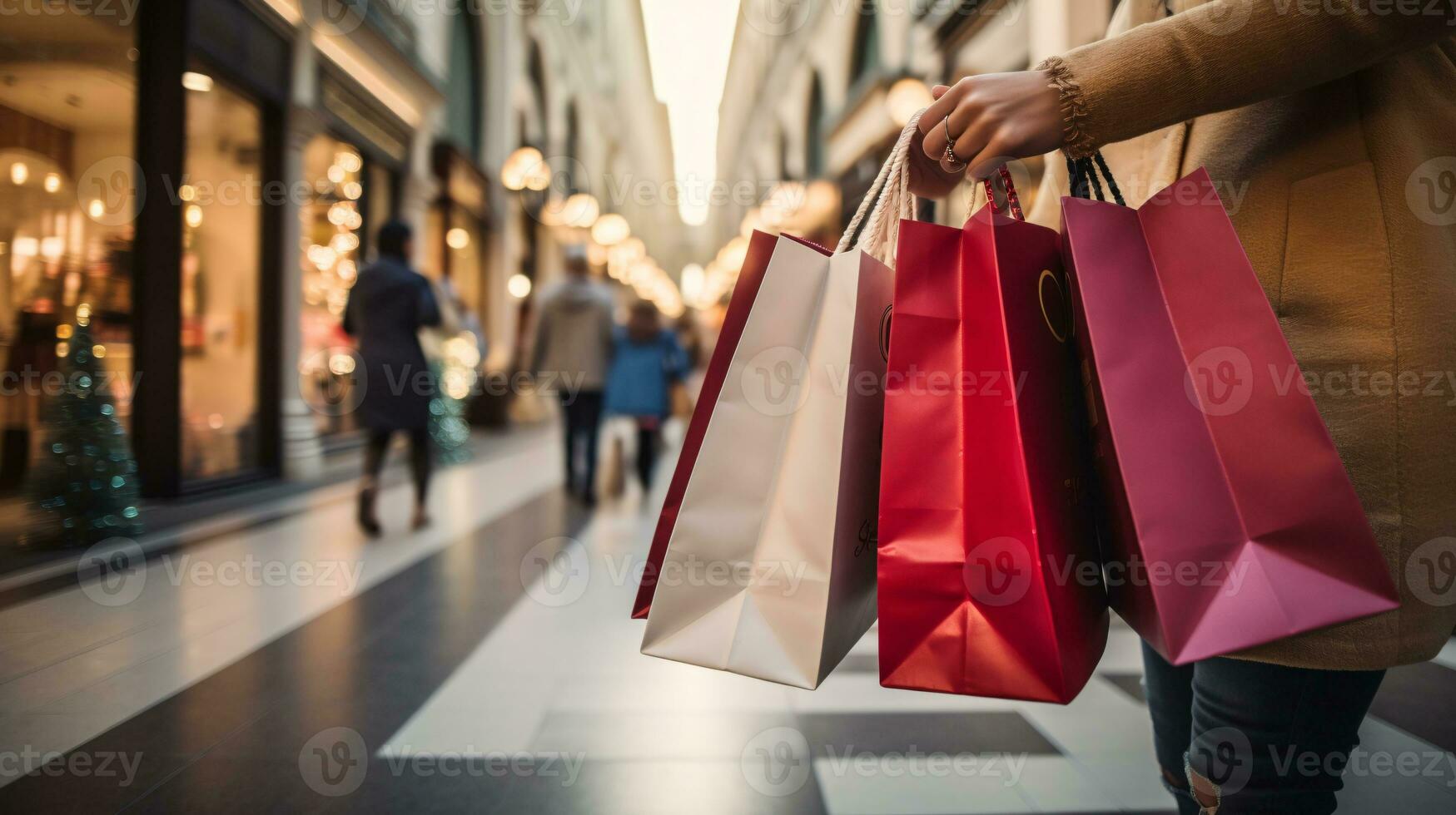 ai generative  People of different ethnicity, age and gender holding christmas shopping gift bags in mall all over the world photo