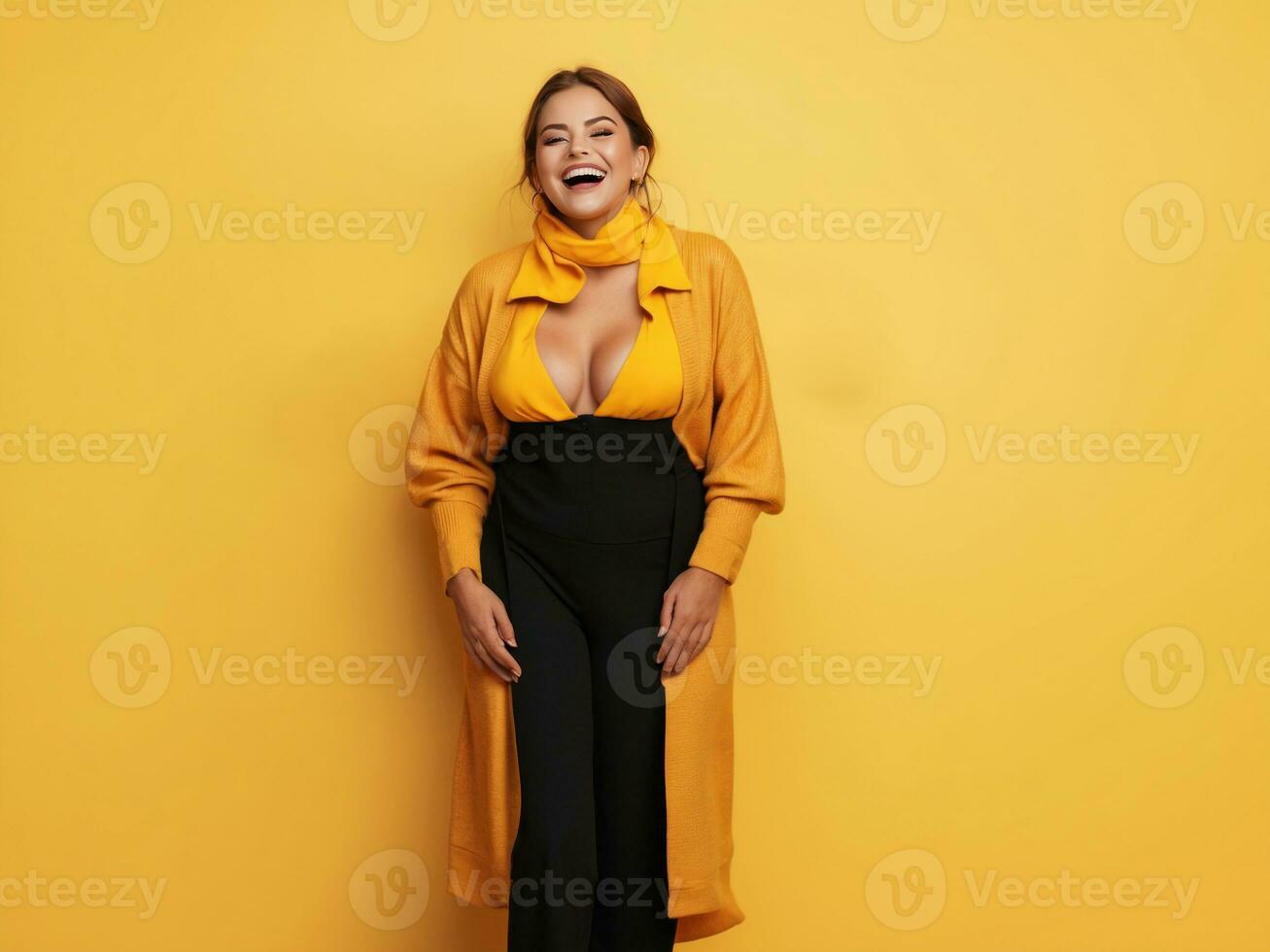 laughing women on yellow background. Generative ai photo