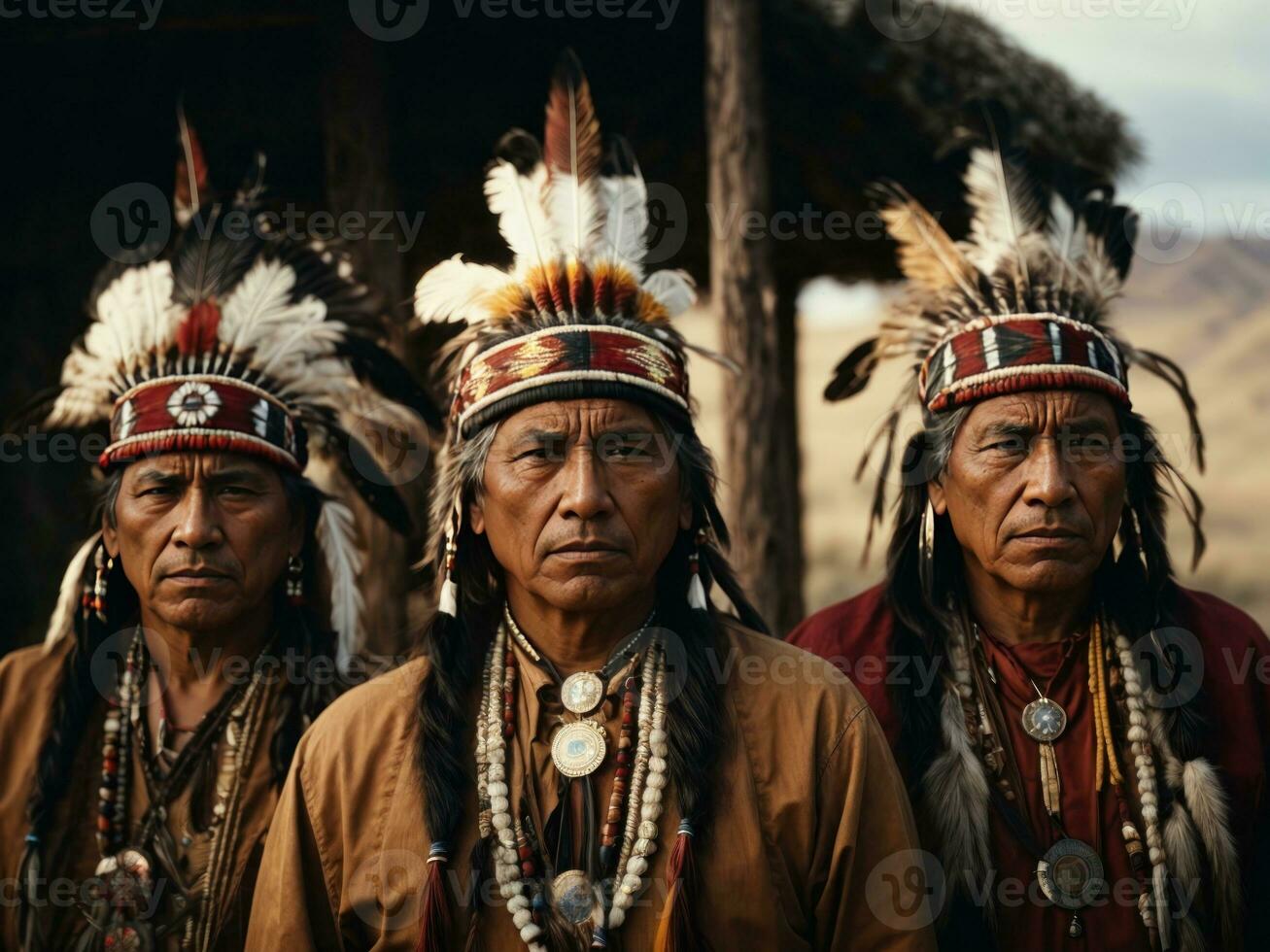 3 Native American chiefs face. Generative AI photo