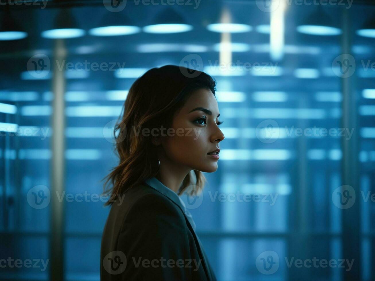 women in blue illuminating background. AI Generative photo