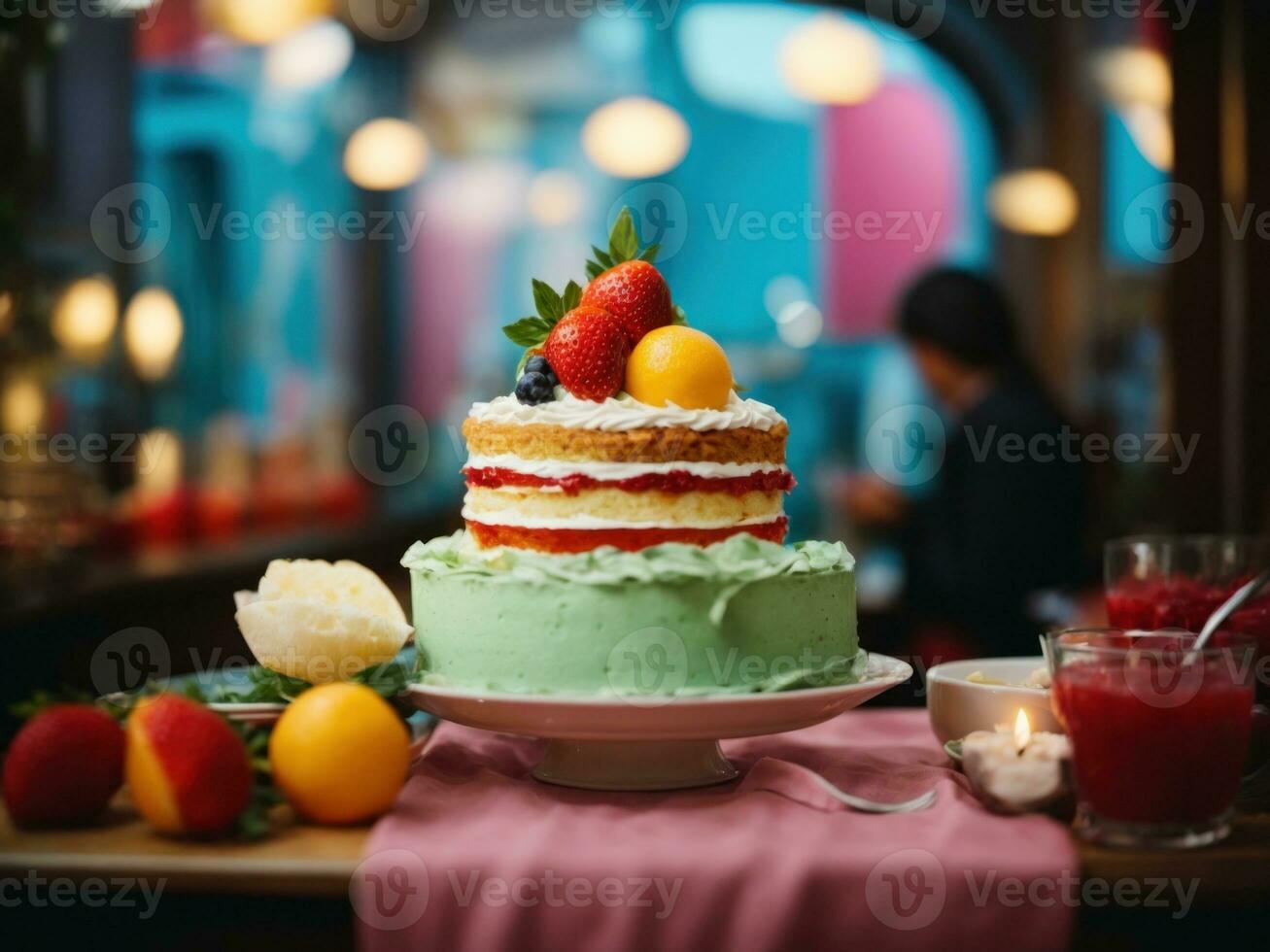 multicolor cake kept on table party background. AI Generative photo