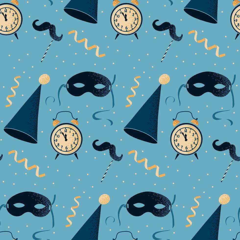New Year Eve minimalistic seamless pattern with masquerade items. Vector flat hand drawn items with dotted texture on light blue background. Good for background, wrapping paper, textile
