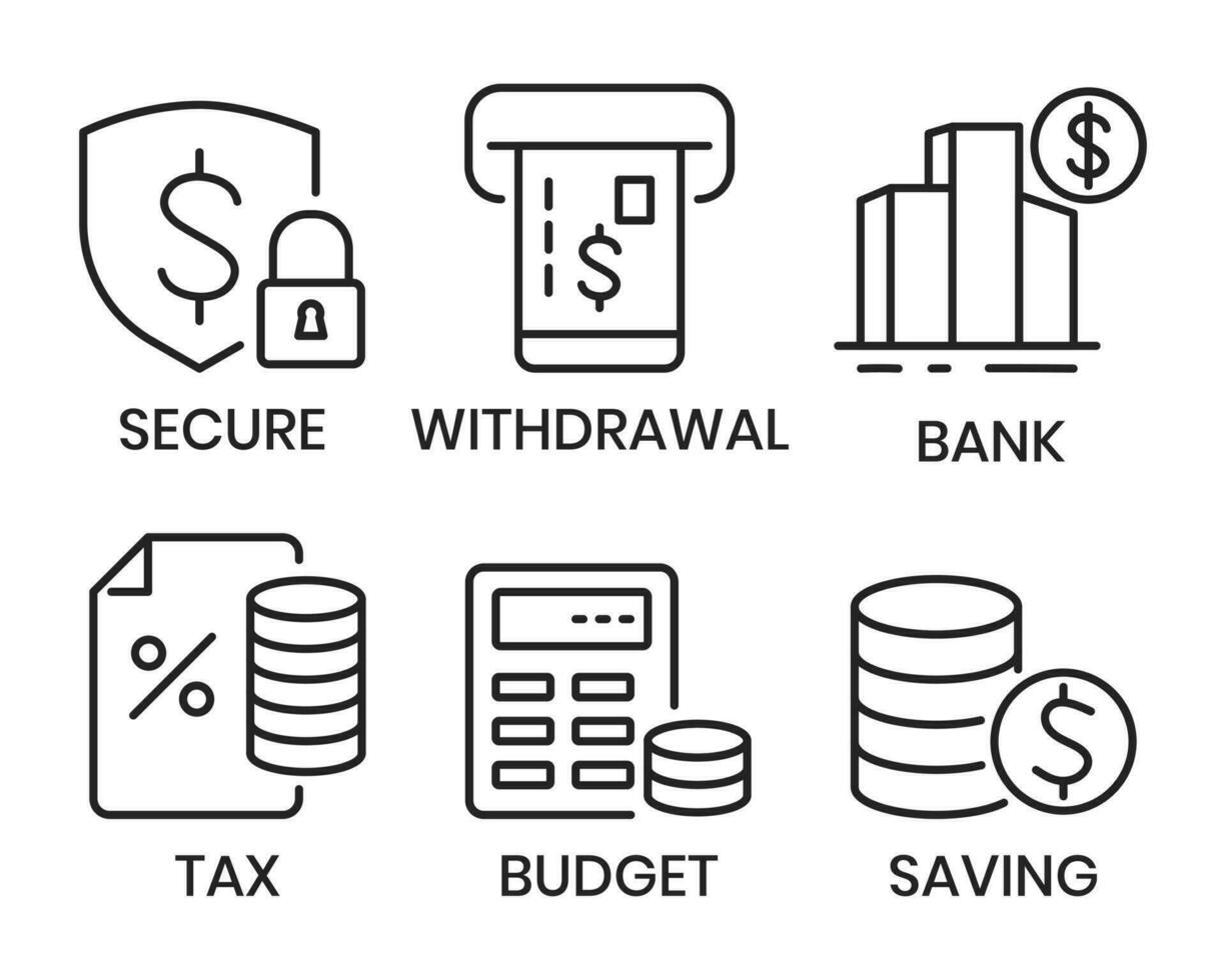 financiero y bancario icono conjunto para aplicaciones y sitio web, ui ux iconos, presupuesto icono, impuesto, ingreso, pago, inversión datos, ganancia, monedas, crecimiento, financiero fraude, deuda y crédito tarjeta vector ilustración