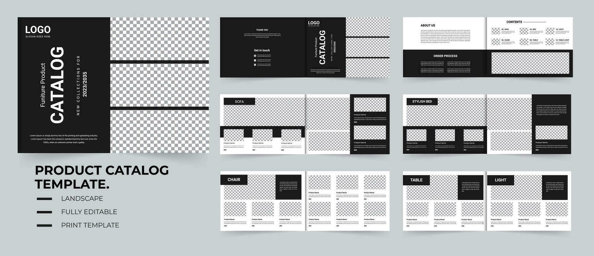Furniture product catalog design black and white colors landscape product catalog design print template vector