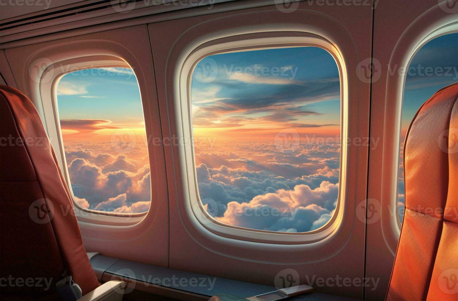 Airplane window view of clouds and sky at sunset. Travel concept AI Generated photo