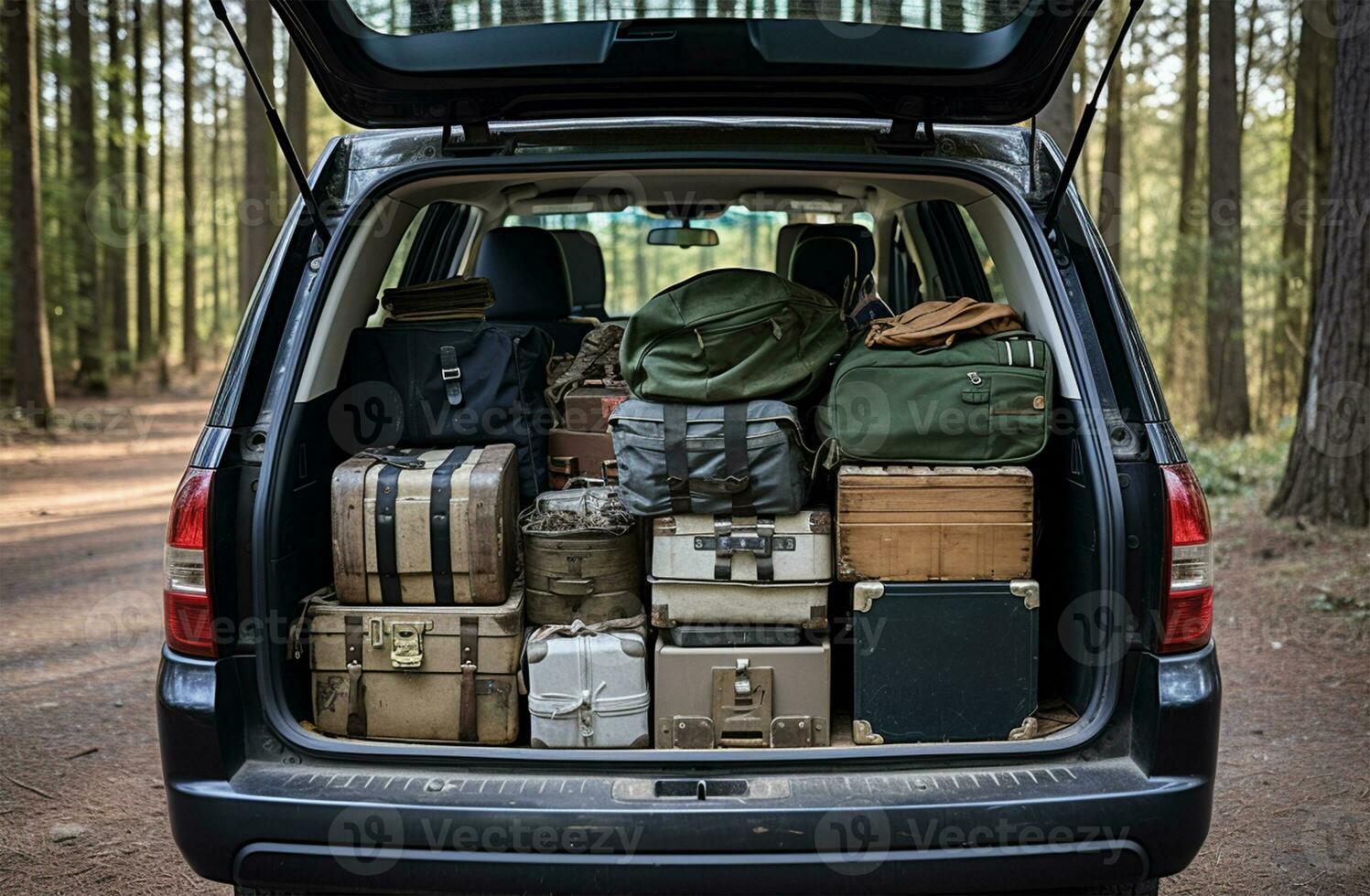 Pile of luggage in the trunk of a car. Travel concept AI Generated photo