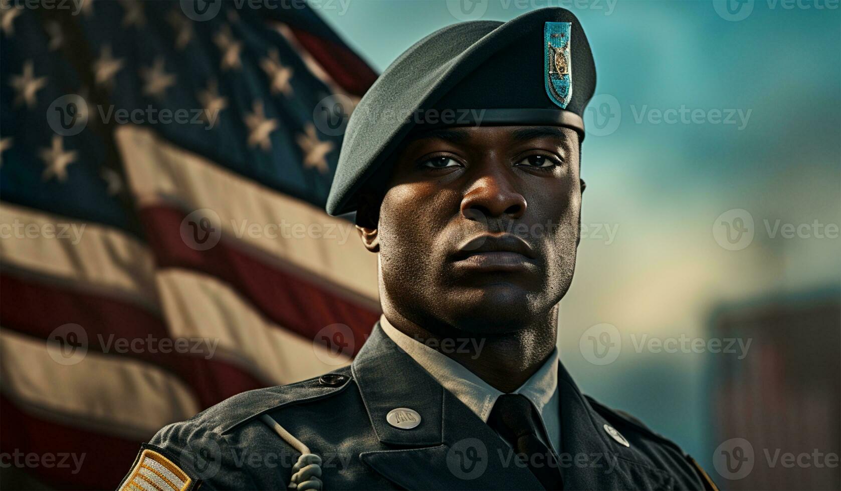 retrato de joven africano americano soldado en el antecedentes de el americano bandera ai generado foto