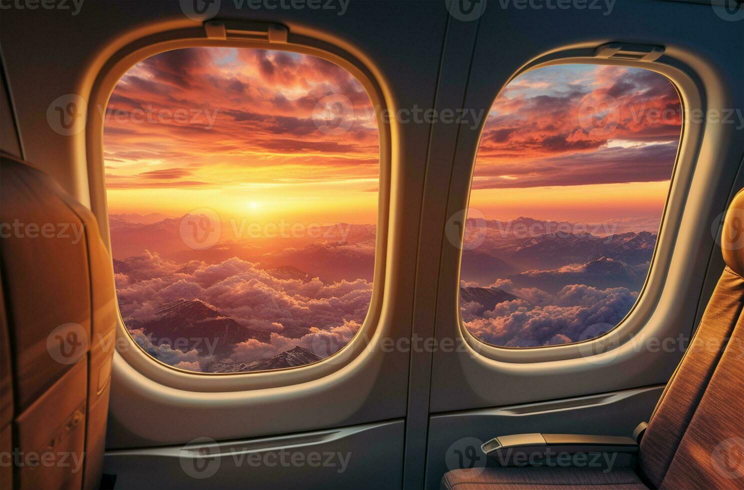 Airplane window view of clouds and sky at sunset. Travel concept AI Generated photo