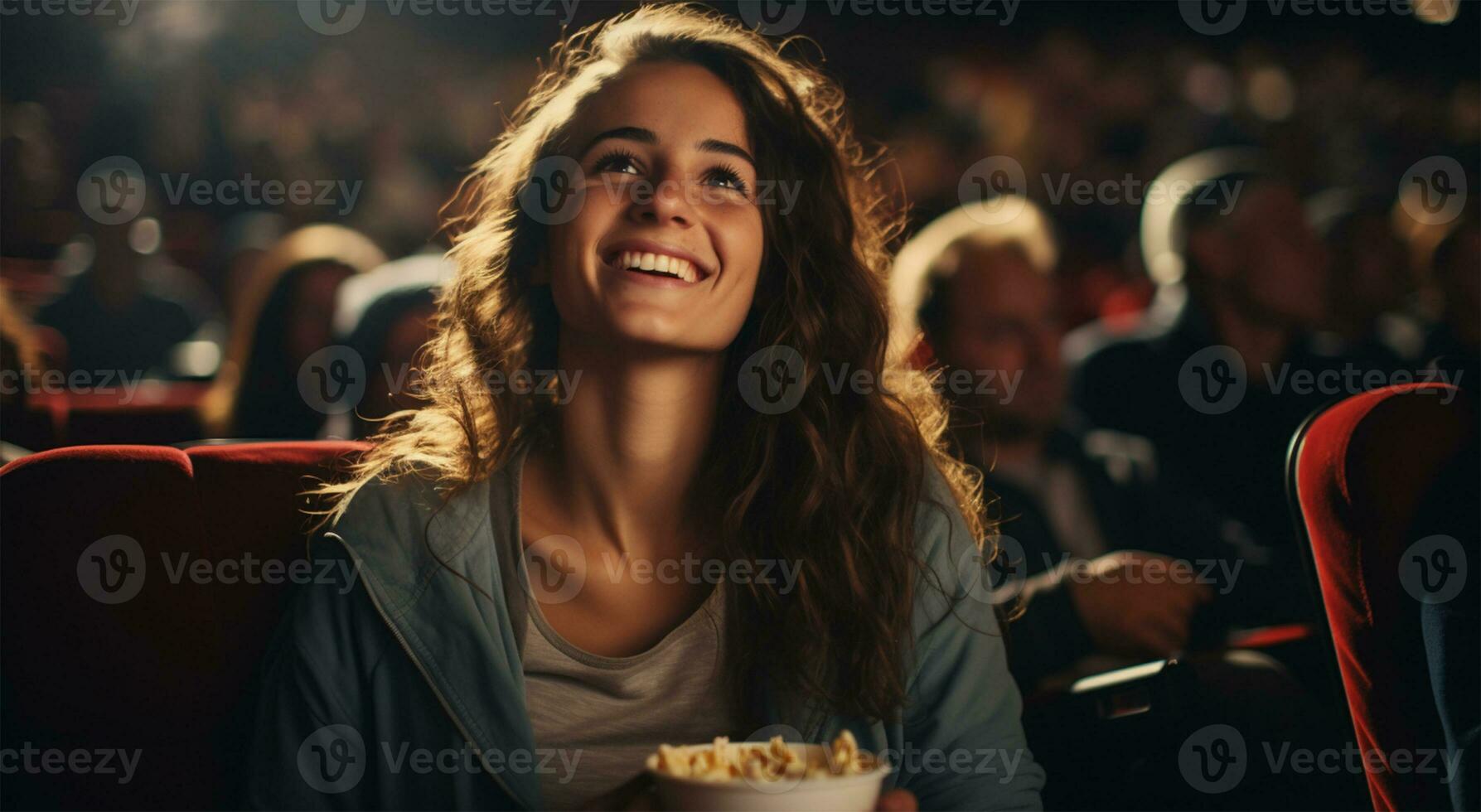 joven mujer acecho película en cine. niña comiendo palomitas de maiz y sonriente. ai generado foto