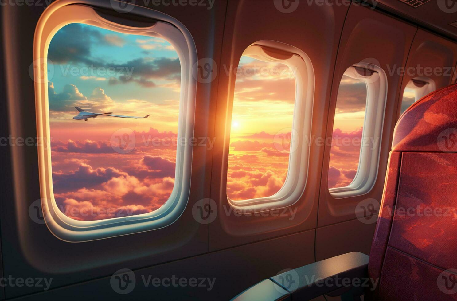 Airplane window view of clouds and sky at sunset. Travel concept AI Generated photo