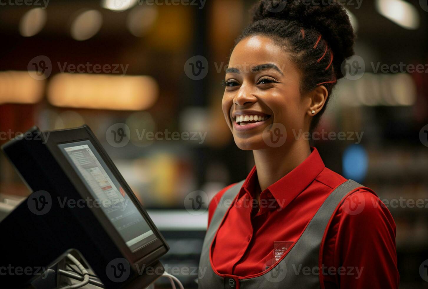 Portrait of a young african american cashier smiling at the camera in a coffee shop AI Generated photo