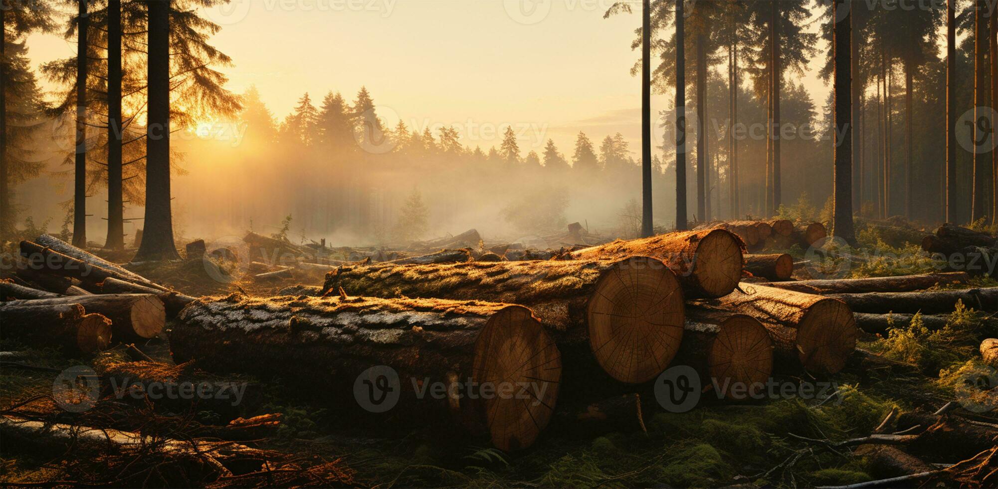 Wooden logs in the forest at sunrise. Panoramic view AI Generated photo