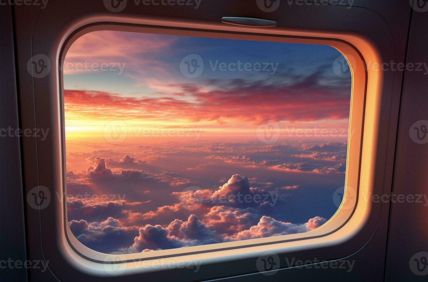 Airplane window view of clouds and sky at sunset. Travel concept AI Generated photo