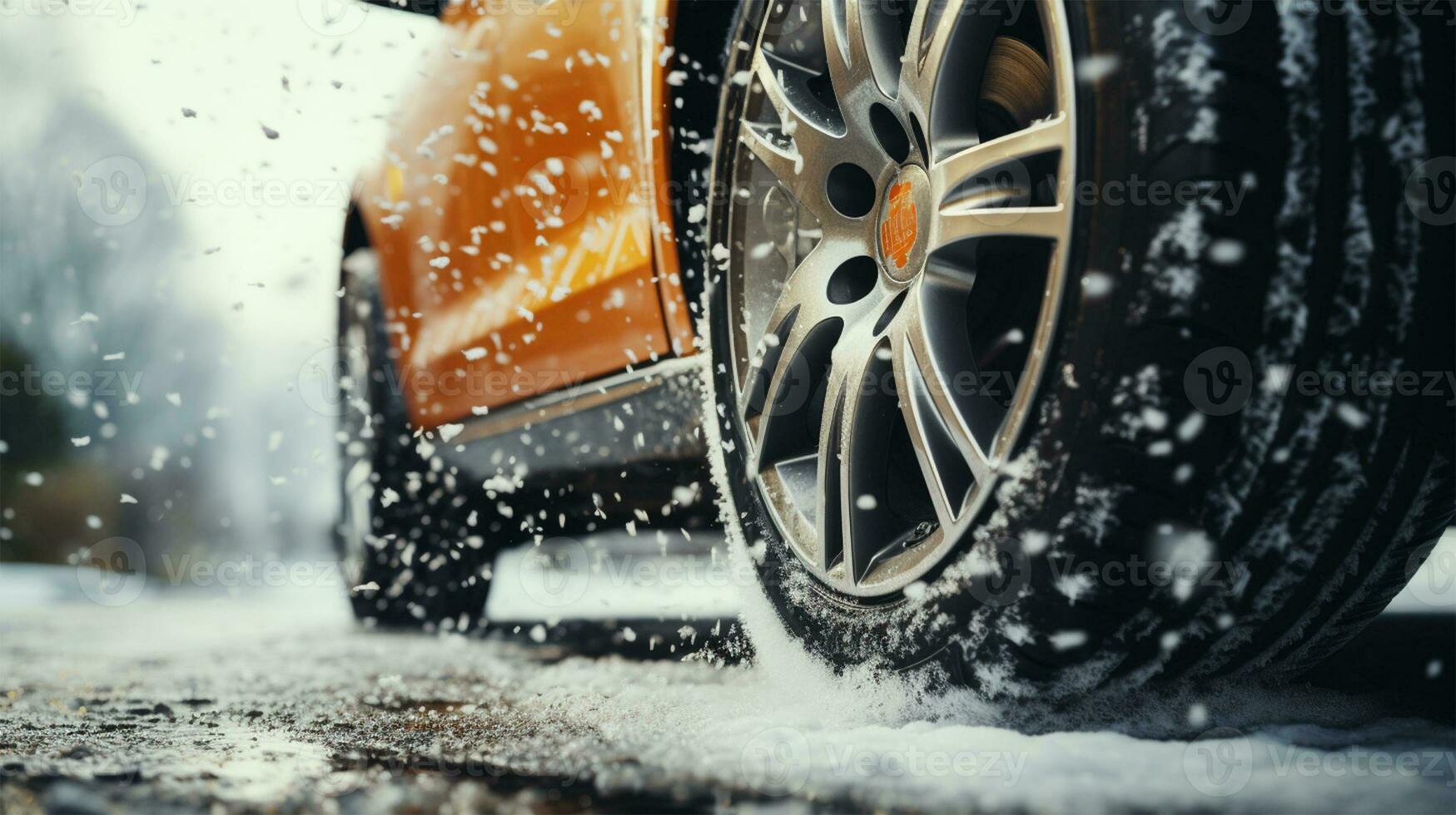 Vintage car on a winter road. Close-up image AI Generated photo