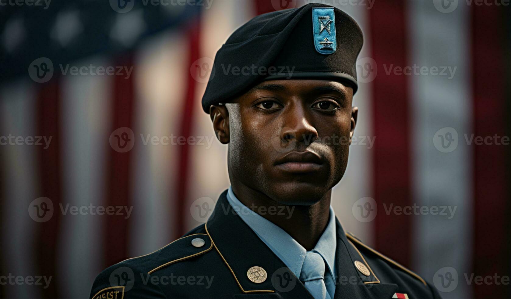 retrato de joven africano americano soldado en el antecedentes de el americano bandera ai generado foto