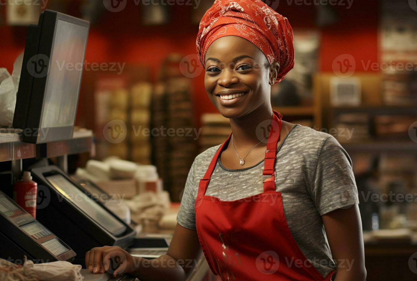 Portrait of a young african american cashier smiling at the camera in a coffee shop AI Generated photo