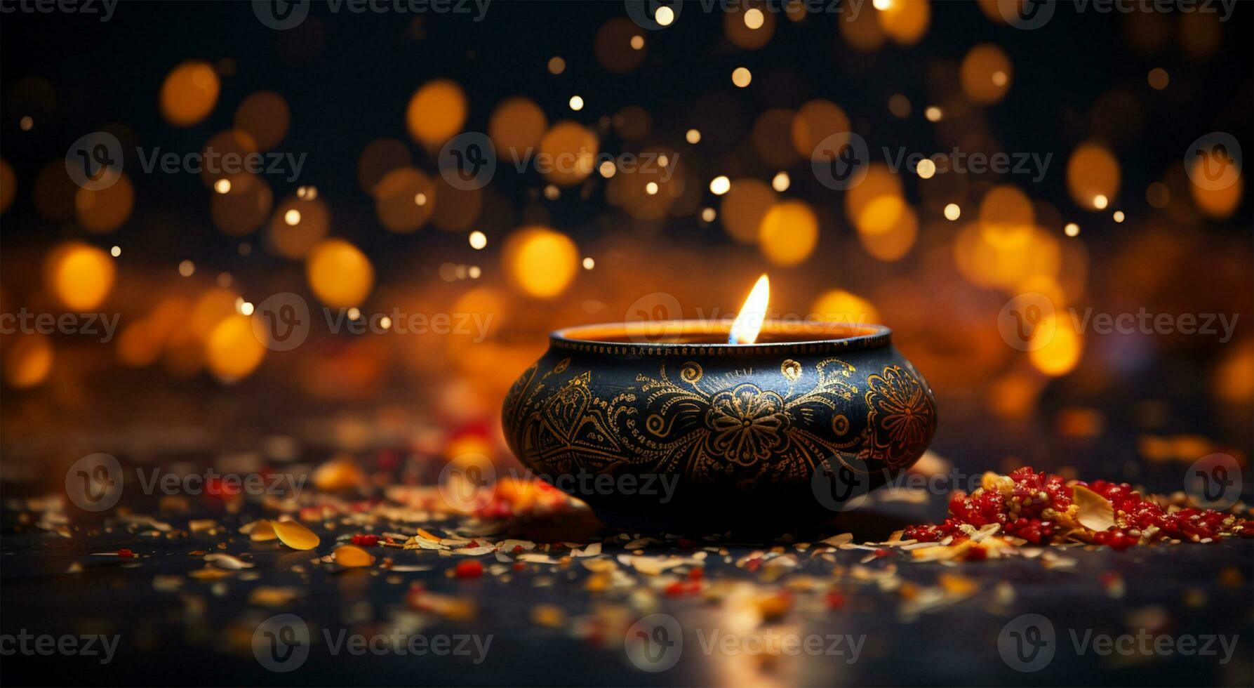 Beautiful diwali diya with burning candles on dark background AI Generated photo