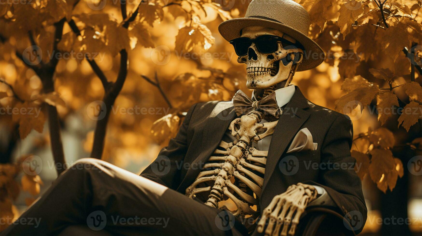 A portrait of a man in a skeleton costume. Halloween theme AI Generated photo