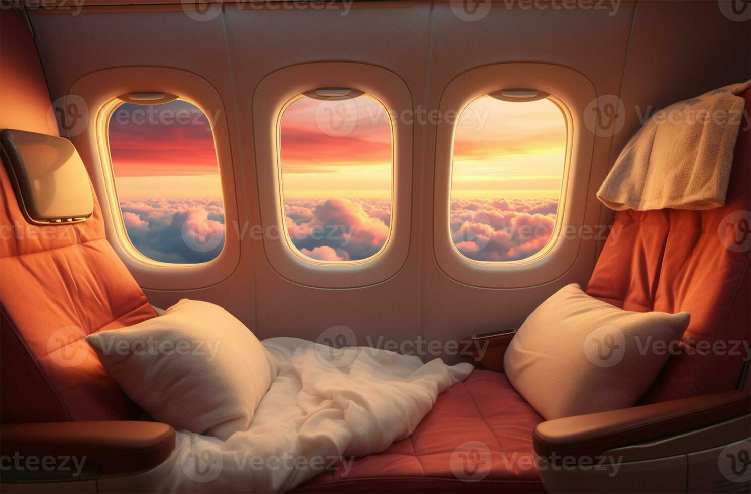 Airplane window view of clouds and sky at sunset. Travel concept AI Generated photo