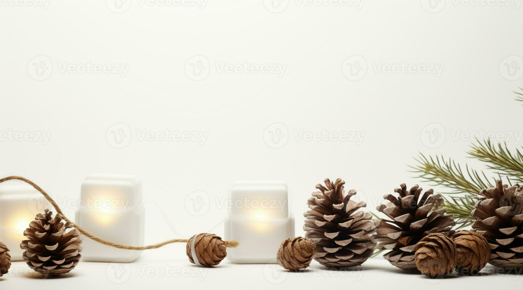 Navidad composición con velas, abeto ramas y conos en un blanco antecedentes ai generado foto