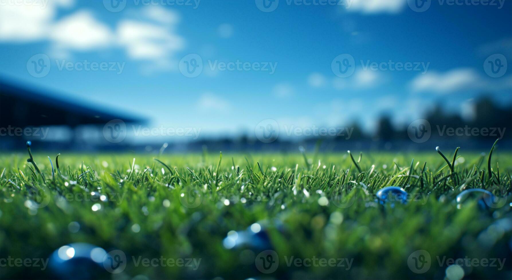 Football or soccer field with green grass and blurred background of stadium AI Generated photo