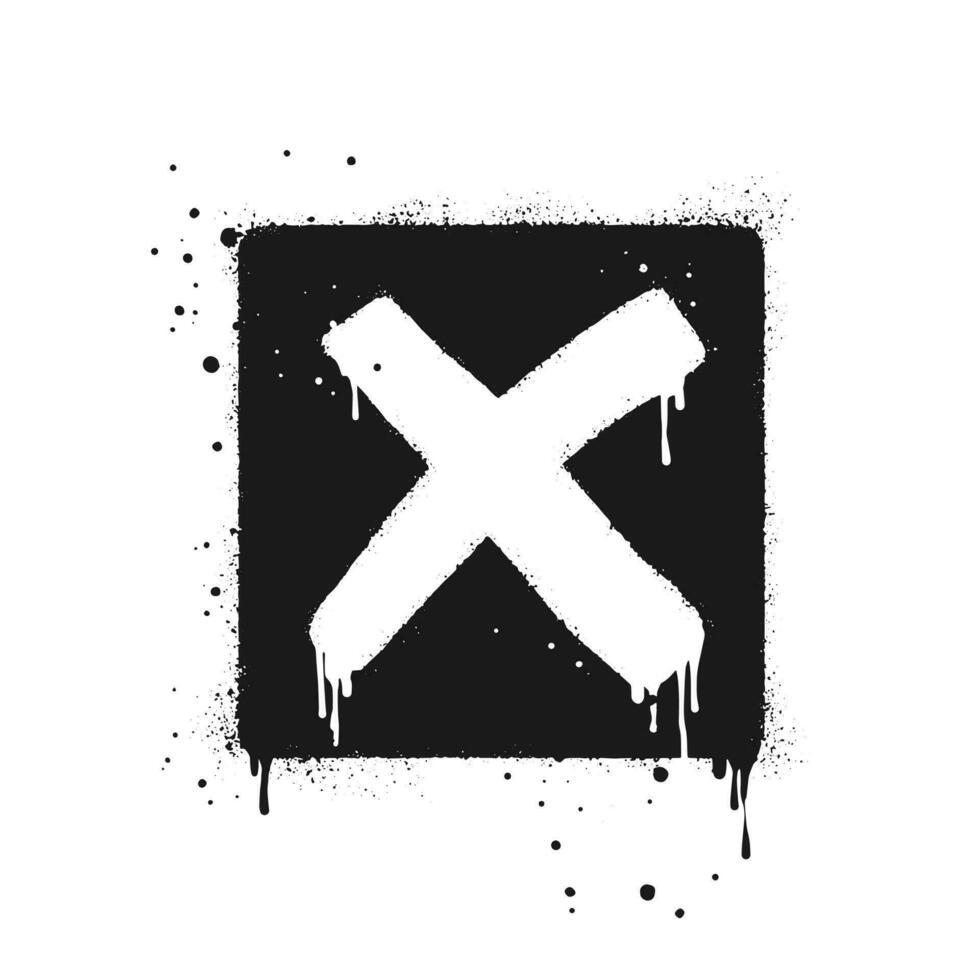 Spray painted graffiti check mark in black over white. X symbol. isolated on white background. vector illustration