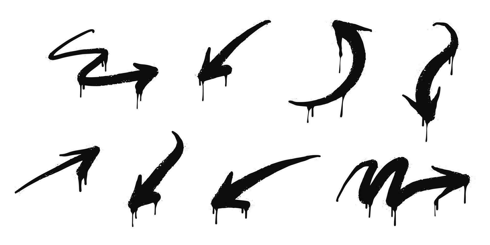 colección de rociar pintado pintada flecha en negro terminado blanco. flecha dirección goteo símbolo. aislado en blanco antecedentes. vector ilustración
