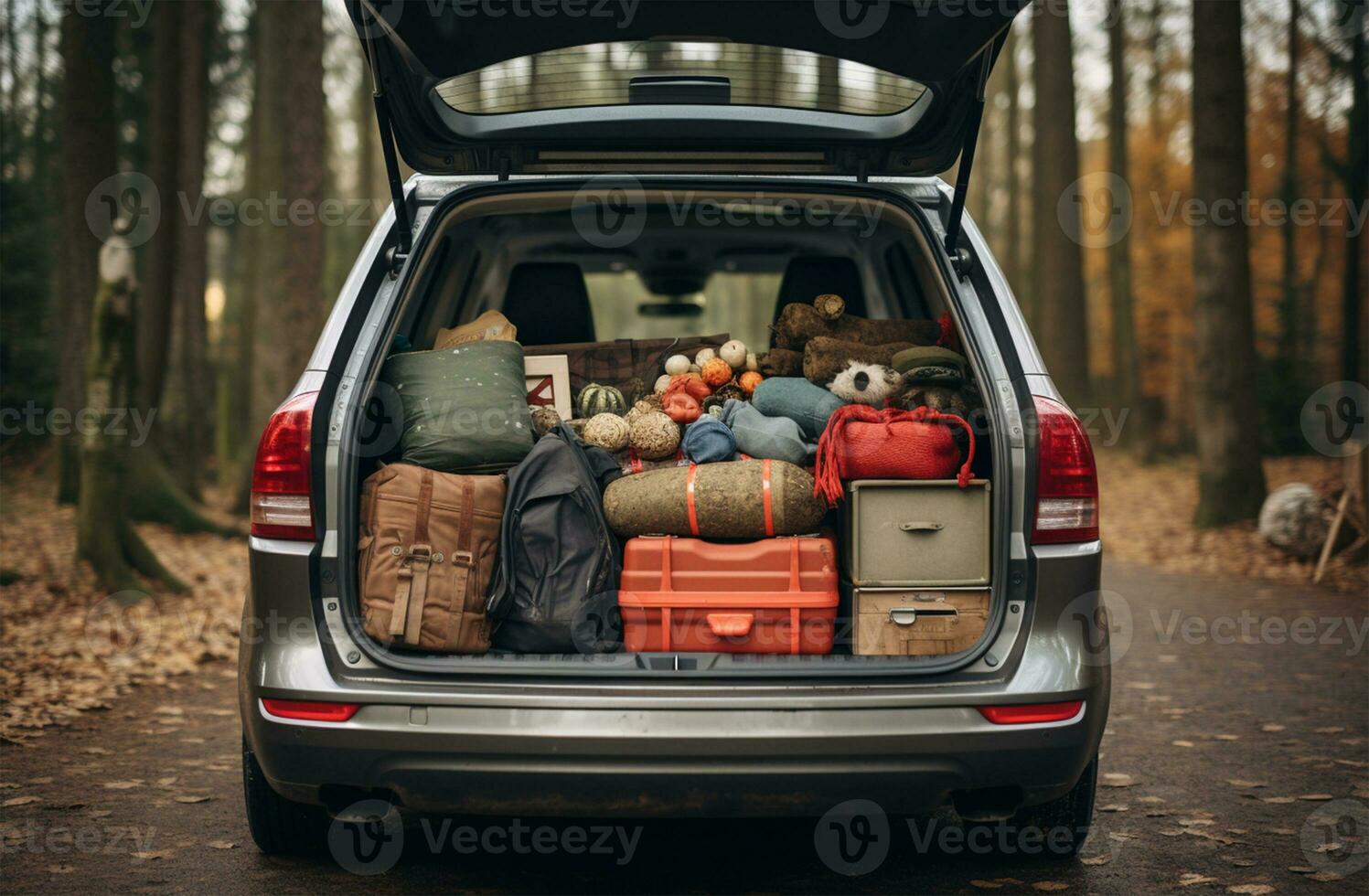 Pile of luggage in the trunk of a car. Travel concept AI Generated photo