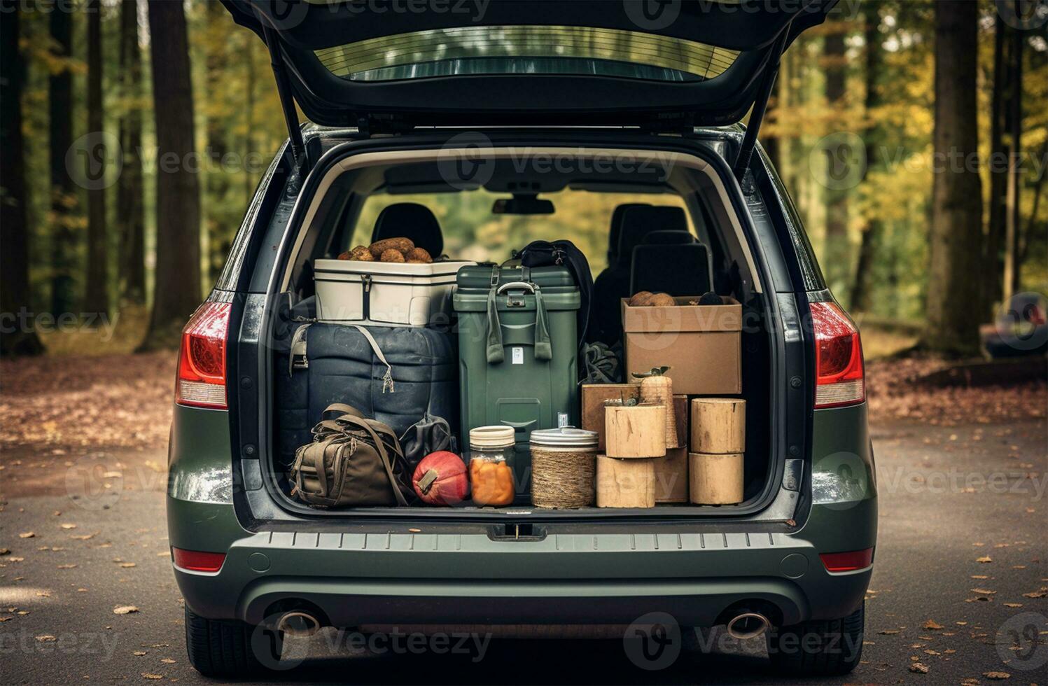 Pile of luggage in the trunk of a car. Travel concept AI Generated photo